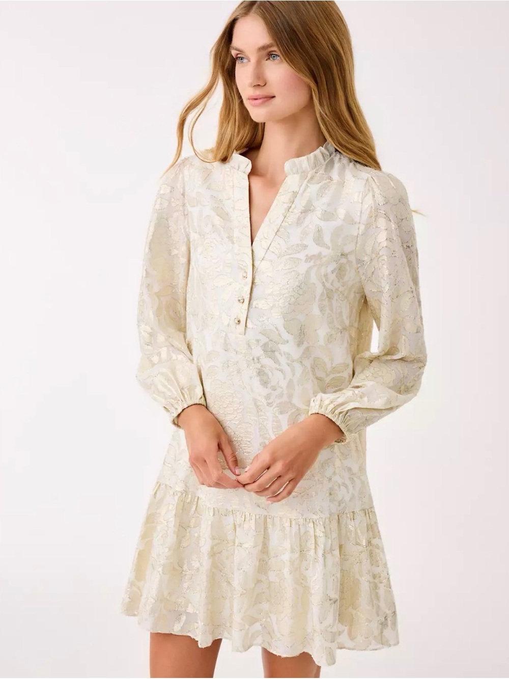 Lilly Pulitzer 16 Women’s Cream Floral Lace Long-Sleeve Ruffle Hem Dress